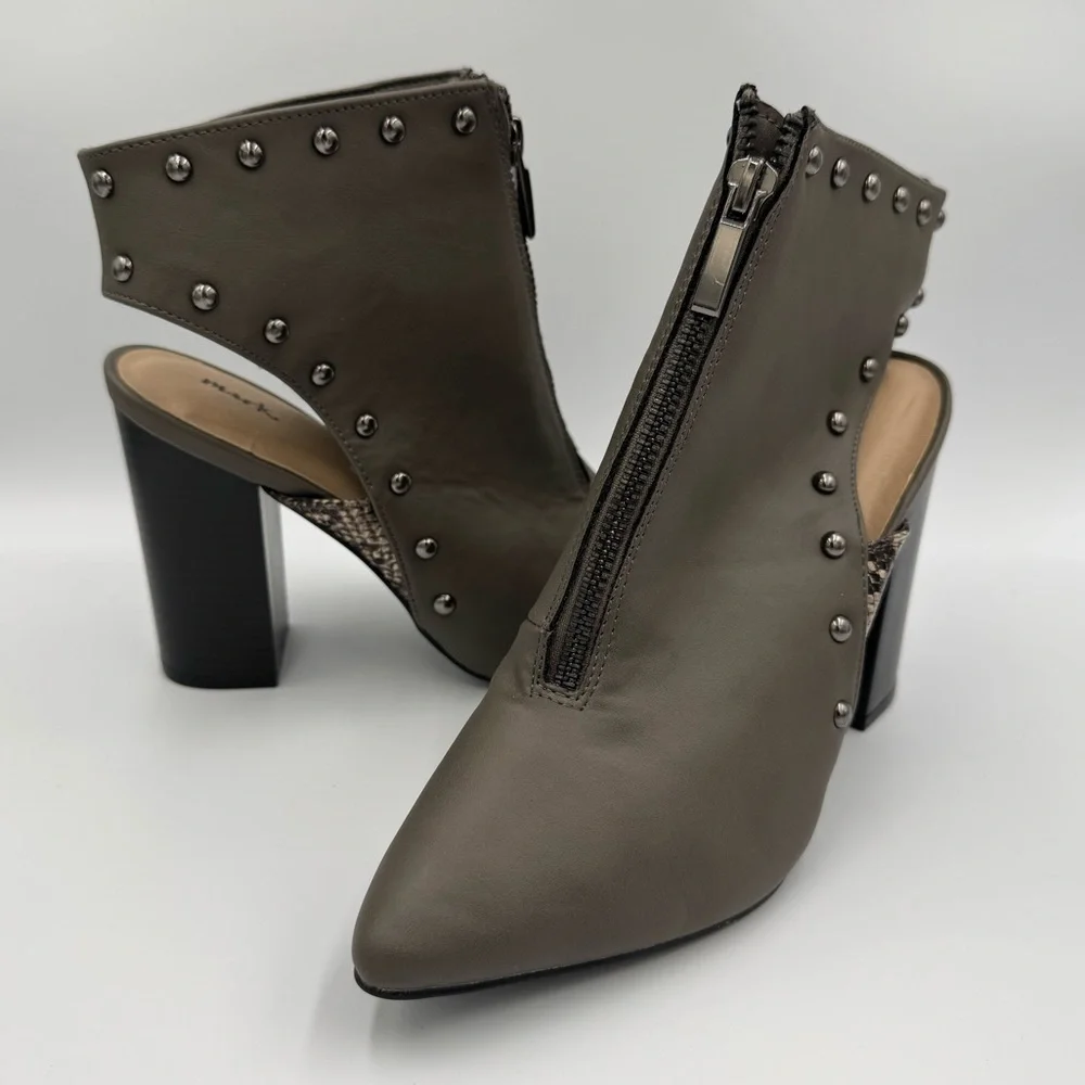 Mark Open Heel Booties gray upper stud accents zipper closure block heel Size 7
